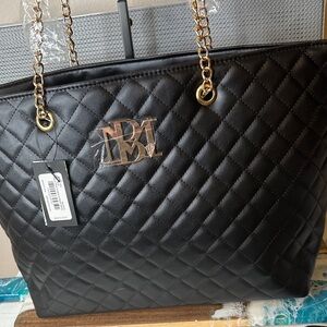 Jewel Badgley Mischka Black Quilted Tote with Gold Chain